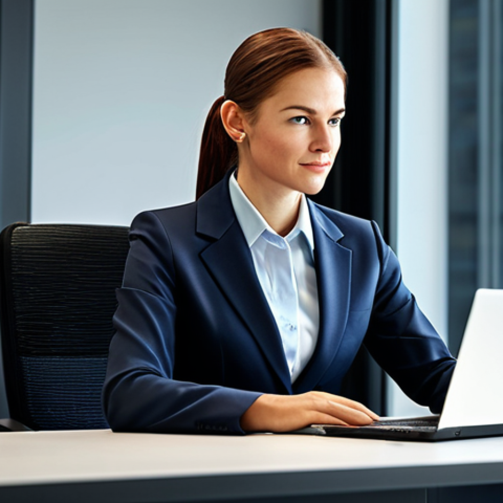 **
A professional businesswoman in a modern office setting, sitting at her desk, fully clothed in a modest business suit, working on a laptop, appropriate attire, safe for work, perfect anatomy, natural proportions, professional photography, high quality, family-friendly.
**