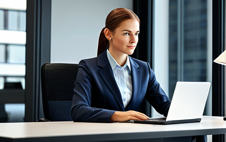 **

A professional businesswoman in a modern office setting, sitting at her desk, fully clothed in a modest business suit, working on a laptop, appropriate attire, safe for work, perfect anatomy, natural proportions, professional photography, high quality, family-friendly.

**