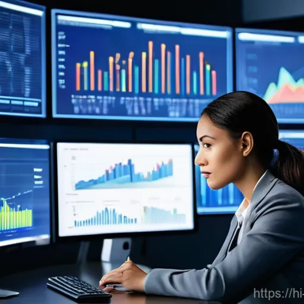 빅데이터 분석가와 데이터 사이언티스트의 차이 - A focused female big data analyst, professionally dressed in business attire, sits intently in a mod...