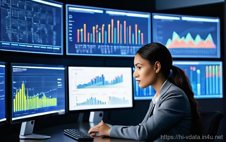 빅데이터 분석가와 데이터 사이언티스트의 차이 - A focused female big data analyst, professionally dressed in business attire, sits intently in a mod...