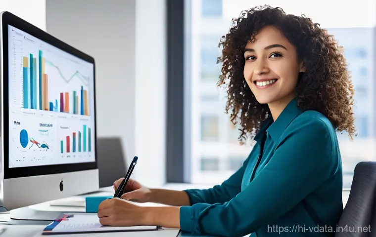 빅데이터 분석가로 이직하기 위한 포트폴리오 - **Prompt 1: "A professional and confident young female data analyst, in her late 20s, with dark, cur...