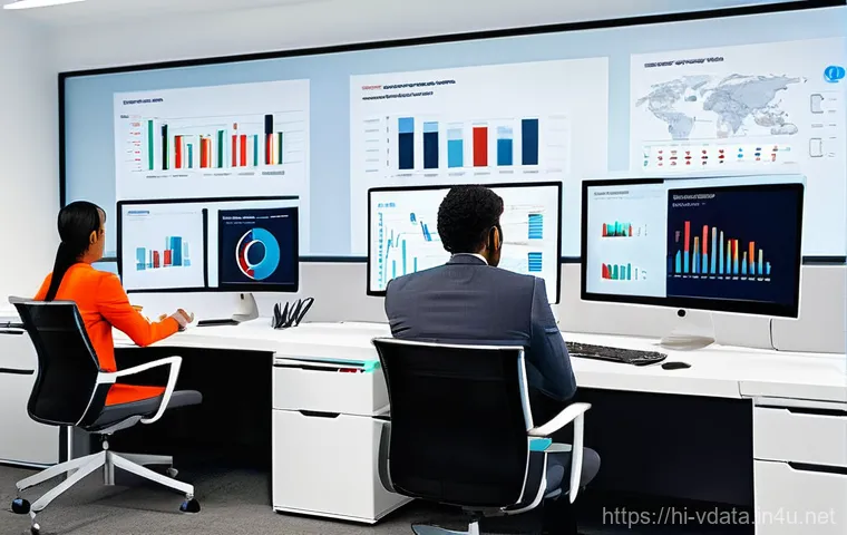 빅데이터 분석 도구별 장단점 - **Prompt:** A dynamic and modern office scene with a diverse group of professionals (men and women o...