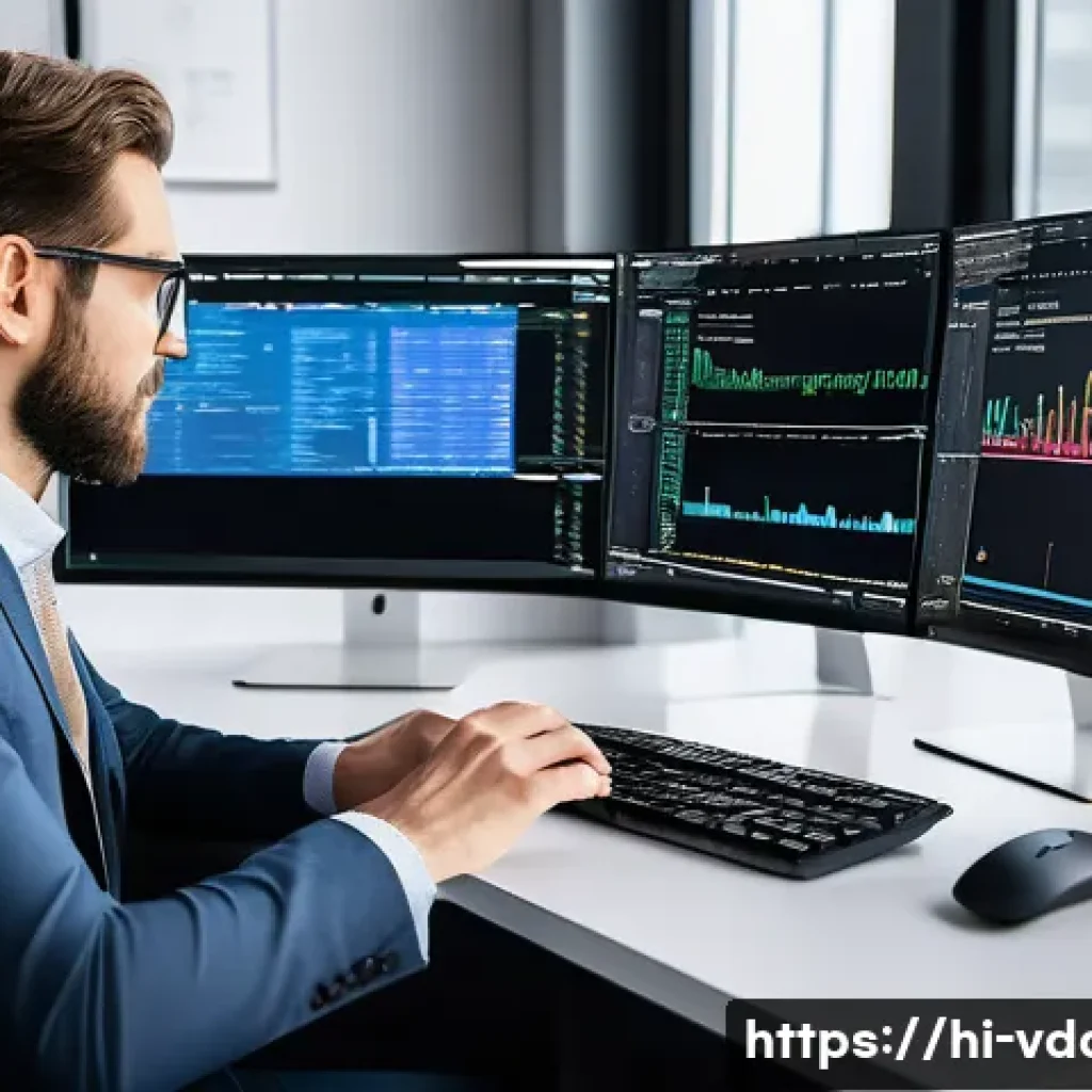 R 프로그래밍으로 빅데이터 분석하기 - A professional data scientist working on a large dual-monitor setup displaying complex R programming...