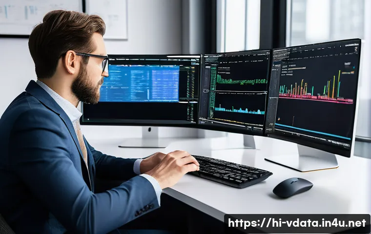 R 프로그래밍으로 빅데이터 분석하기 - A professional data scientist working on a large dual-monitor setup displaying complex R programming...