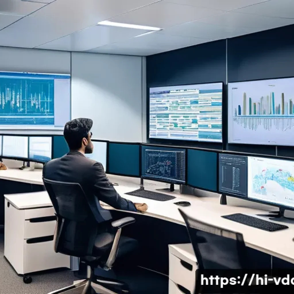 빅데이터 분석가와 AI 연구자의 협업 사례 - A modern office environment featuring a diverse team of Hindi-speaking data analysts and AI research...