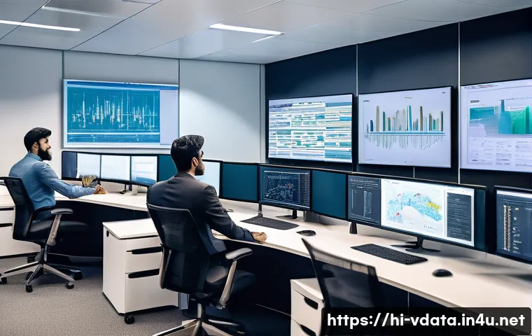 빅데이터 분석가와 AI 연구자의 협업 사례 - A modern office environment featuring a diverse team of Hindi-speaking data analysts and AI research...