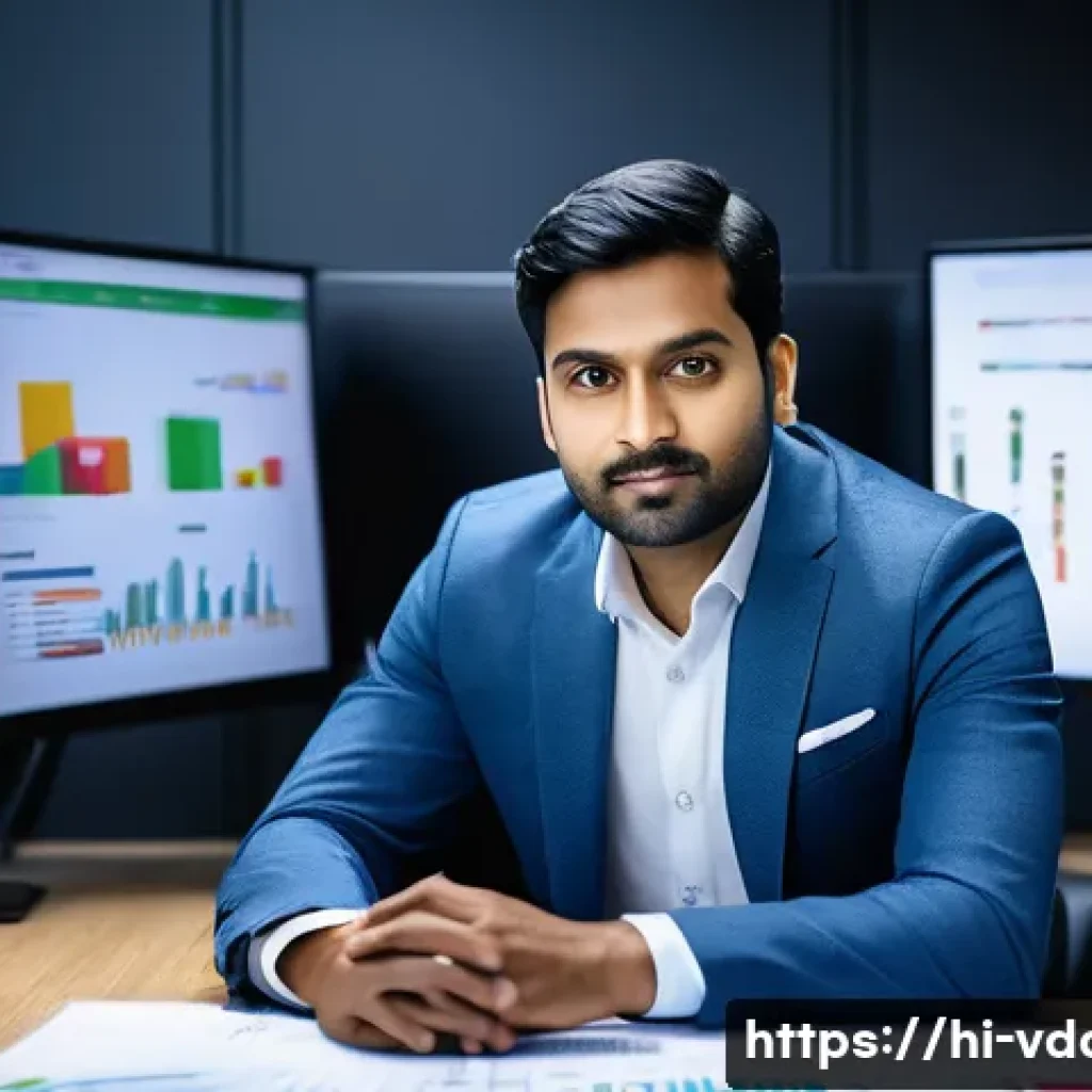 빅데이터 자격증 종류와 난이도 비교 - A professional Indian man in his early 30s sitting at a modern desk with multiple computer screens d...