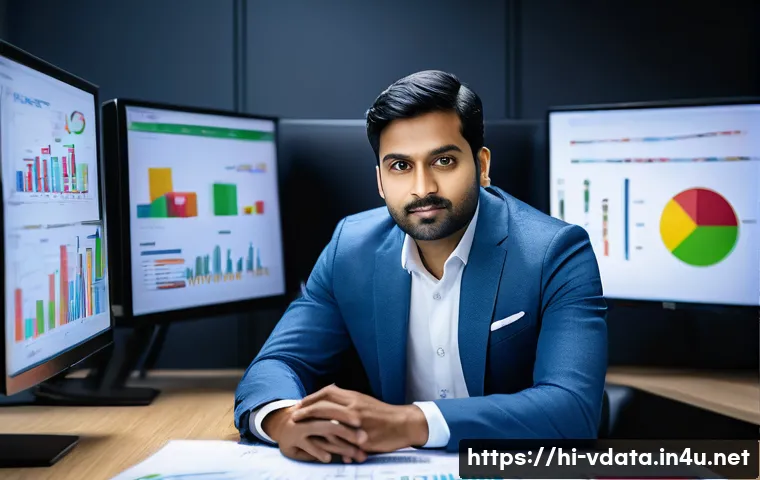 빅데이터 자격증 종류와 난이도 비교 - A professional Indian man in his early 30s sitting at a modern desk with multiple computer screens d...