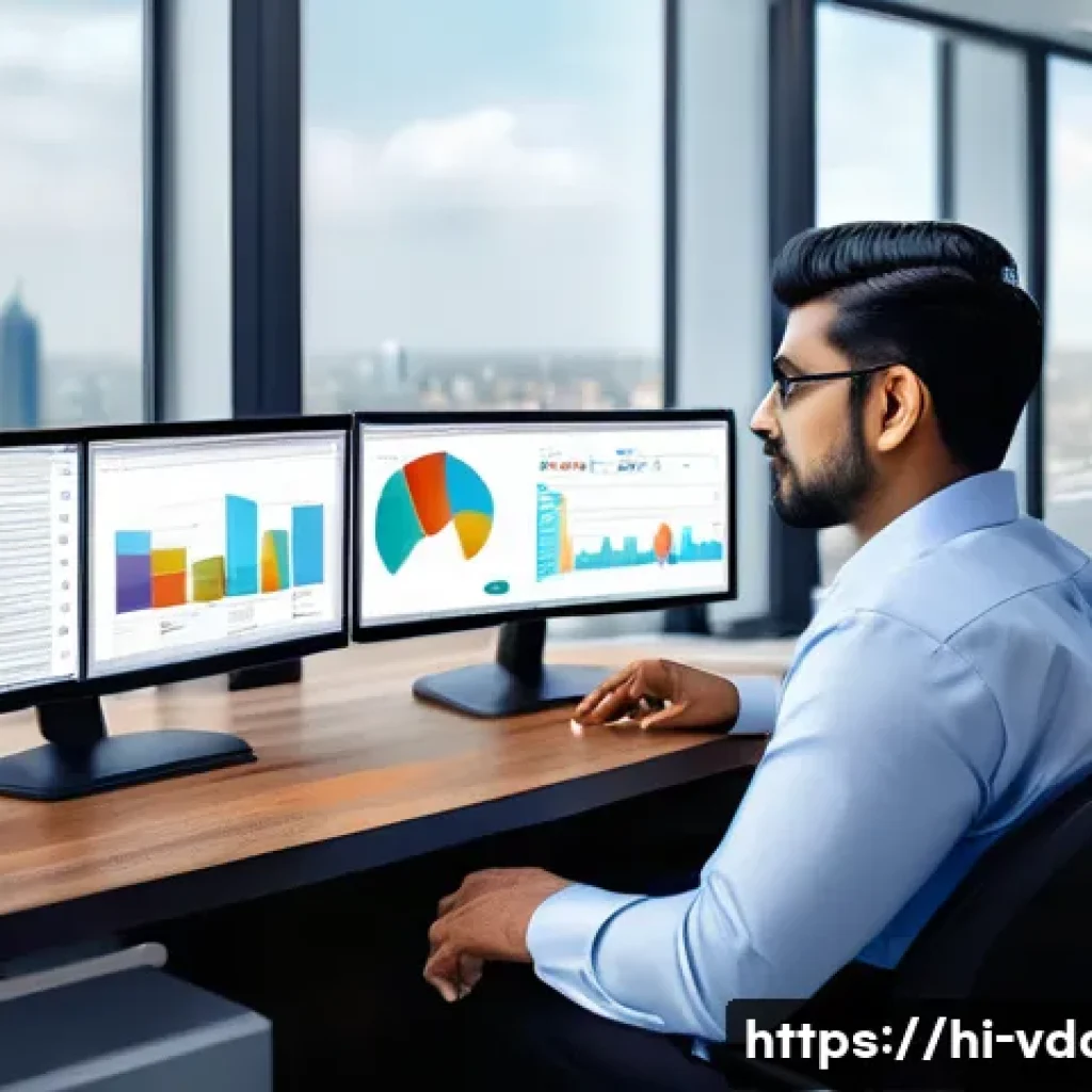 빅데이터 분석가 자격증 종류 및 차이 - A modern professional Indian data analyst working in a sleek office environment, wearing formal busi...