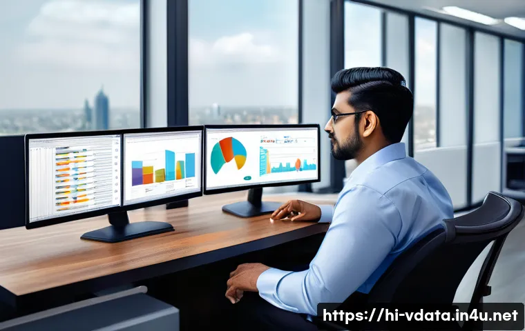 빅데이터 분석가 자격증 종류 및 차이 - A modern professional Indian data analyst working in a sleek office environment, wearing formal busi...