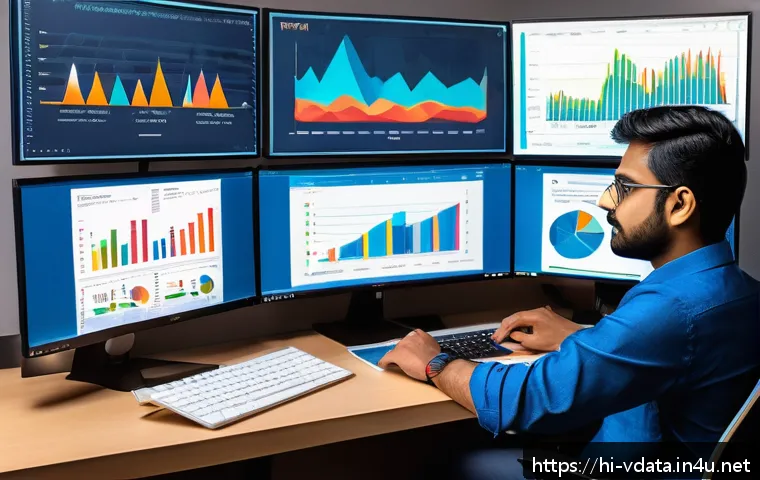 빅데이터 분석에서 사용되는 오픈소스 툴 - A detailed digital illustration of an Indian data analyst working at a modern desk surrounded by mul...