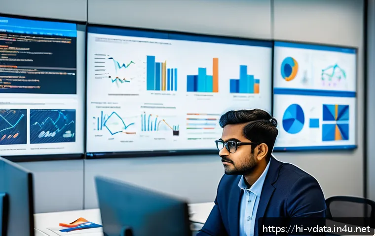 빅데이터 분석가 면접 준비 요령 - A professional Indian data analyst working in a modern office environment, wearing smart casual clot...