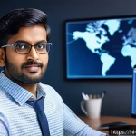 Home 21 빅데이터 분석가의 커리어 성장 전략 - A professional Indian data analyst in a modern office environment, wearing business casual attire wi...