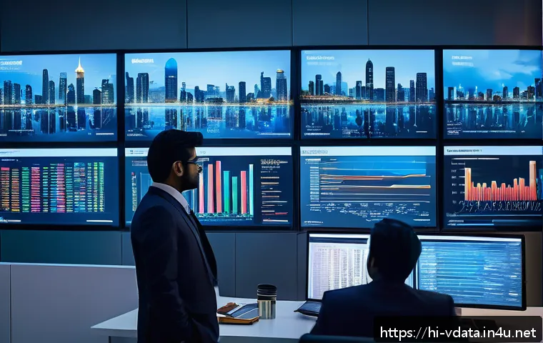 빅데이터 분석가가 알아야 할 산업 트렌드 - A high-tech business office scene showing a diverse team of Indian professionals collaborating aroun...