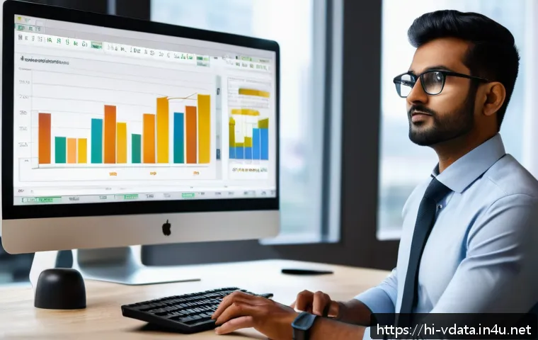 빅데이터 실무에 꼭 필요한 Excel 활용법 - A modern office workspace with a large computer screen displaying an Excel spreadsheet featuring col...