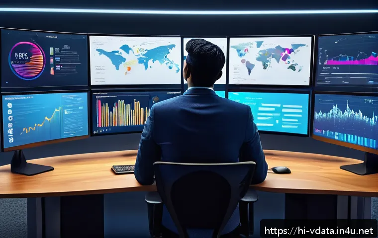 빅데이터 분석에서의 비정형 데이터 처리 사례 - A detailed digital illustration of a data scientist analyzing unstructured social media data on mult...